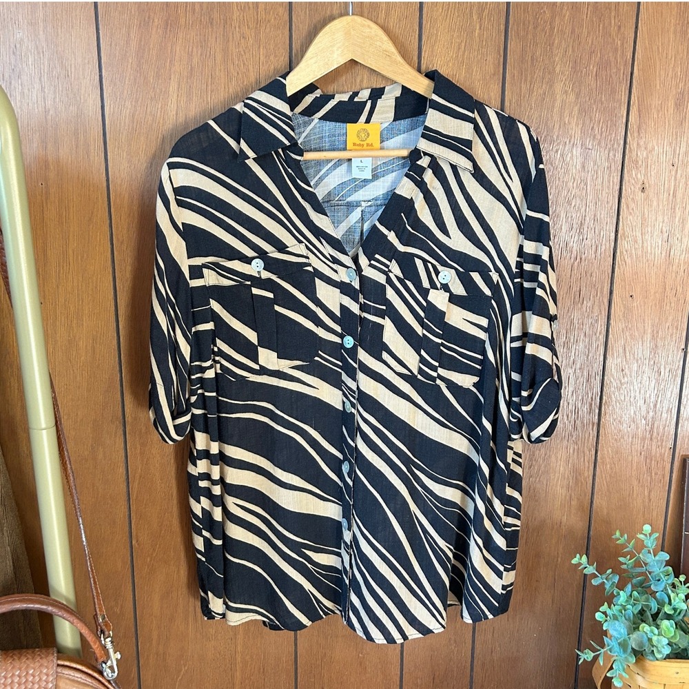 Ruby Rd. Vintage Tan & Black Button-Down Short Sleeve Blouse Size Large